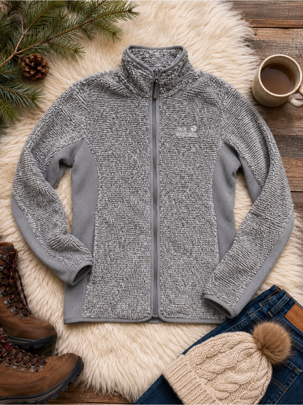 Jack Wolfskin Sherpa Fleece Jacket Women Small Grey Full Zip Outdoor Hiking Cozy